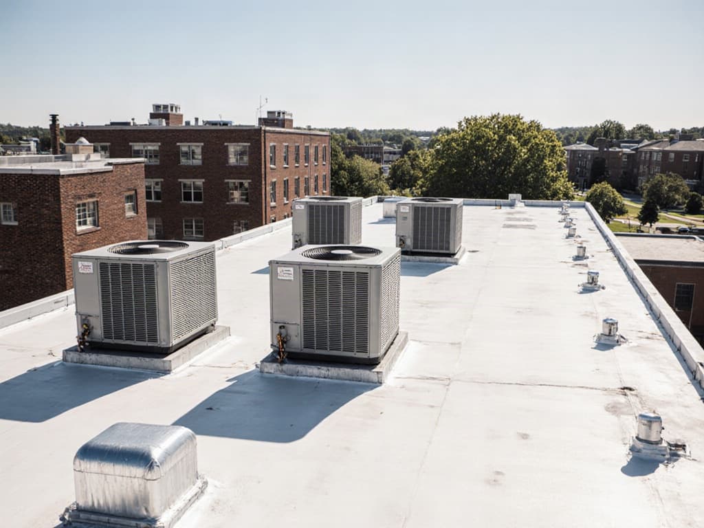 Rooftop condensing units on a white membrane roof, with brick campus buildings behind.