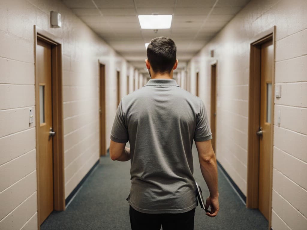 A staff member with a tablet walks down a residence hall corridor.