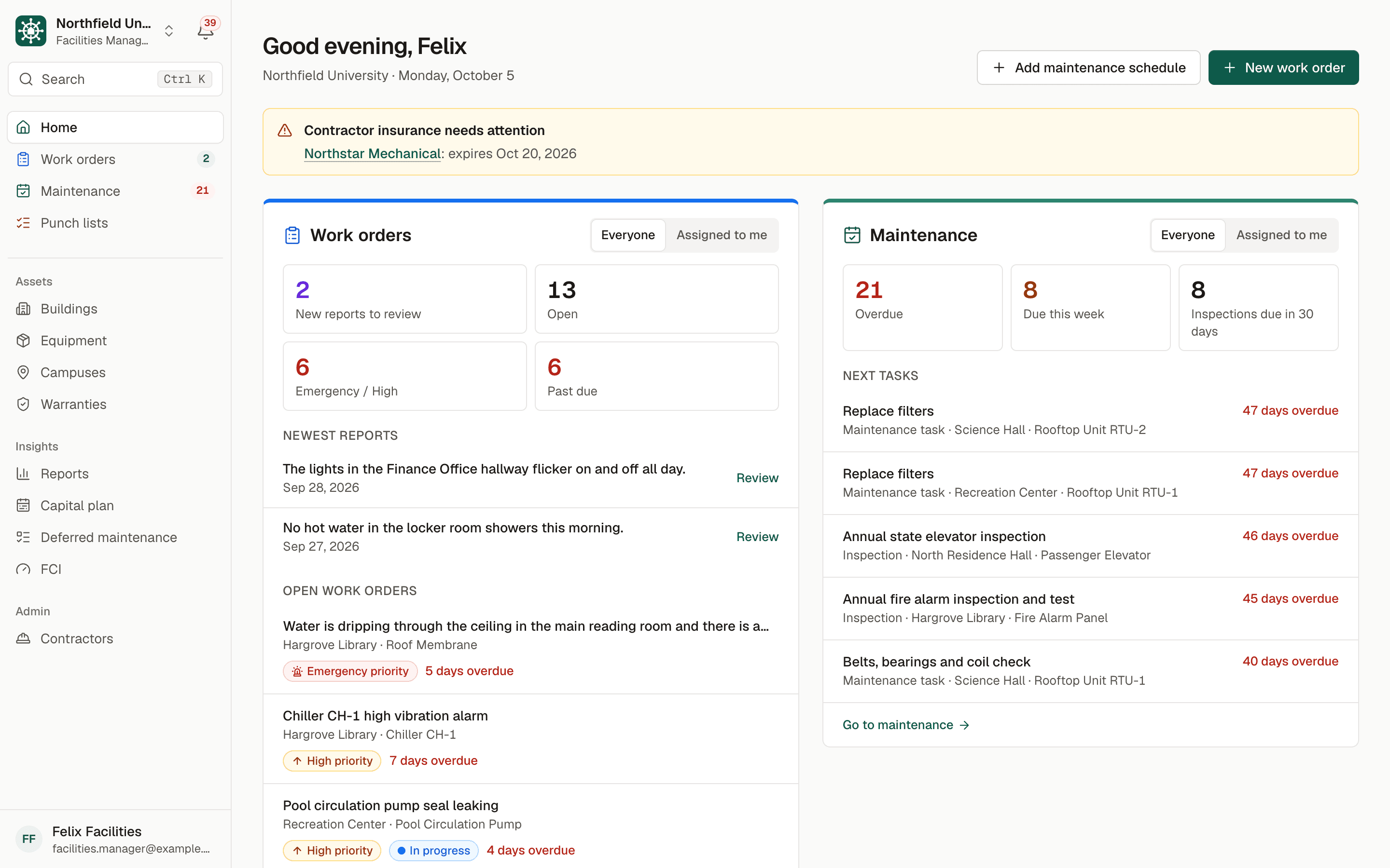 BldgHelm home screen for a facilities manager: a blue Work orders panel with new reports, open, emergency and past-due counts, and a green Maintenance panel listing overdue tasks such as filter changes and an elevator inspection.