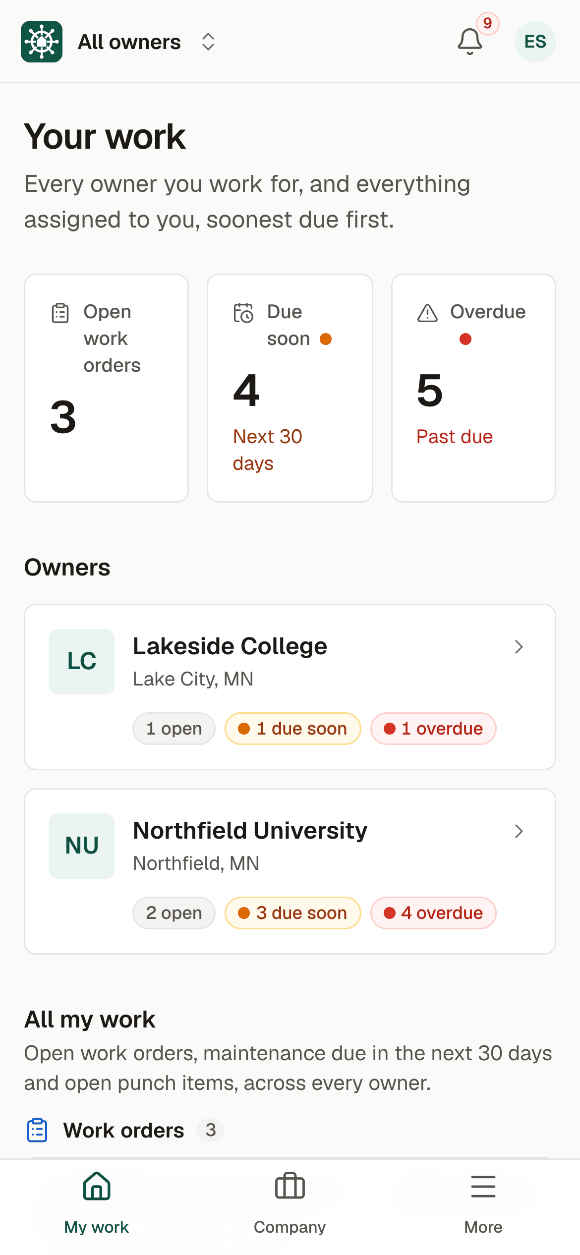 A contractor's phone home screen listing the two campuses they serve, Lakeside College and Northfield University, each with open, due-soon and overdue counts.