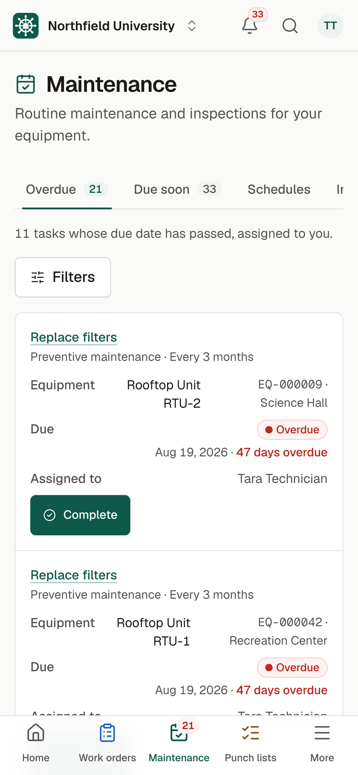 Overdue maintenance on a phone: filter replacements with equipment, due date, days overdue and a Complete button.