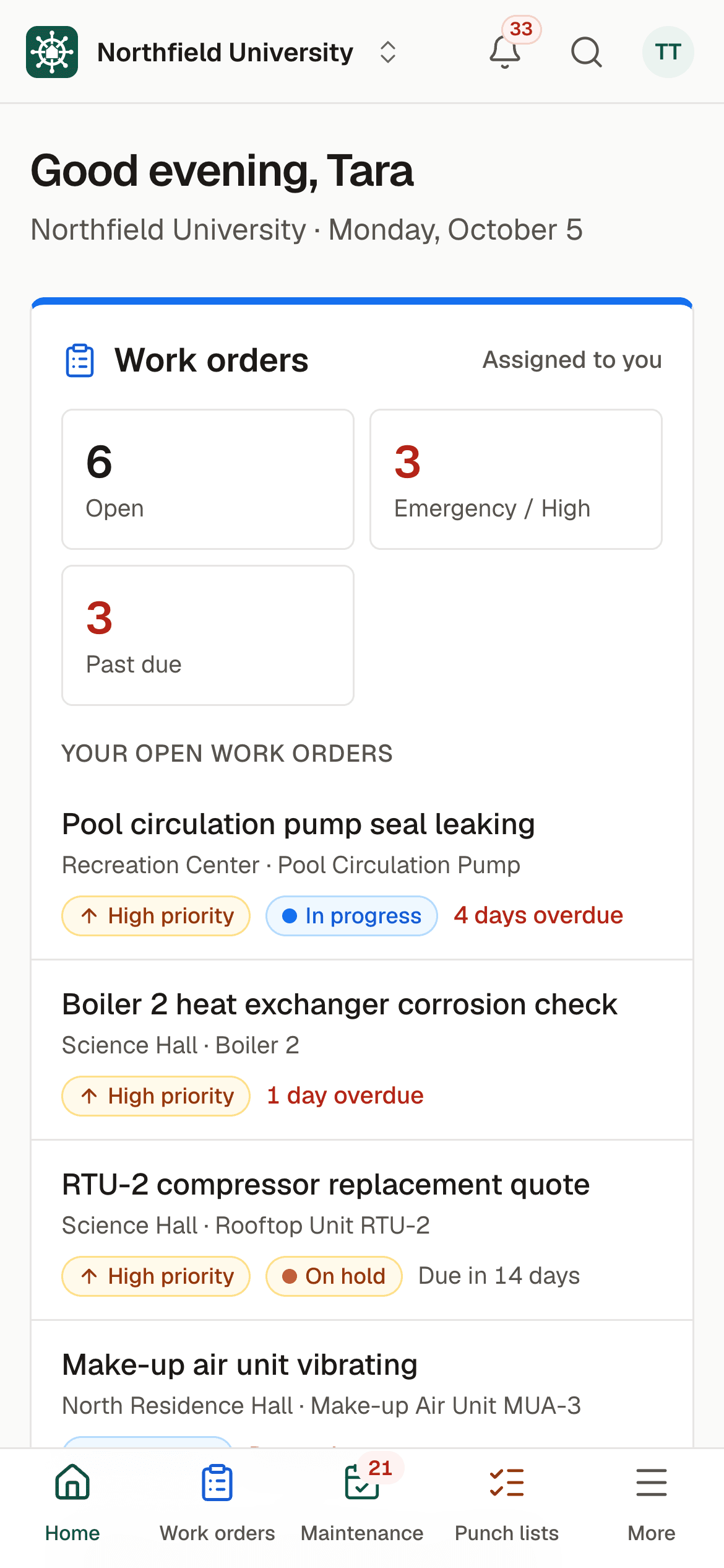 A technician's phone home screen: their open, emergency or high, and past-due work order counts, and their open work orders with priority and status.
