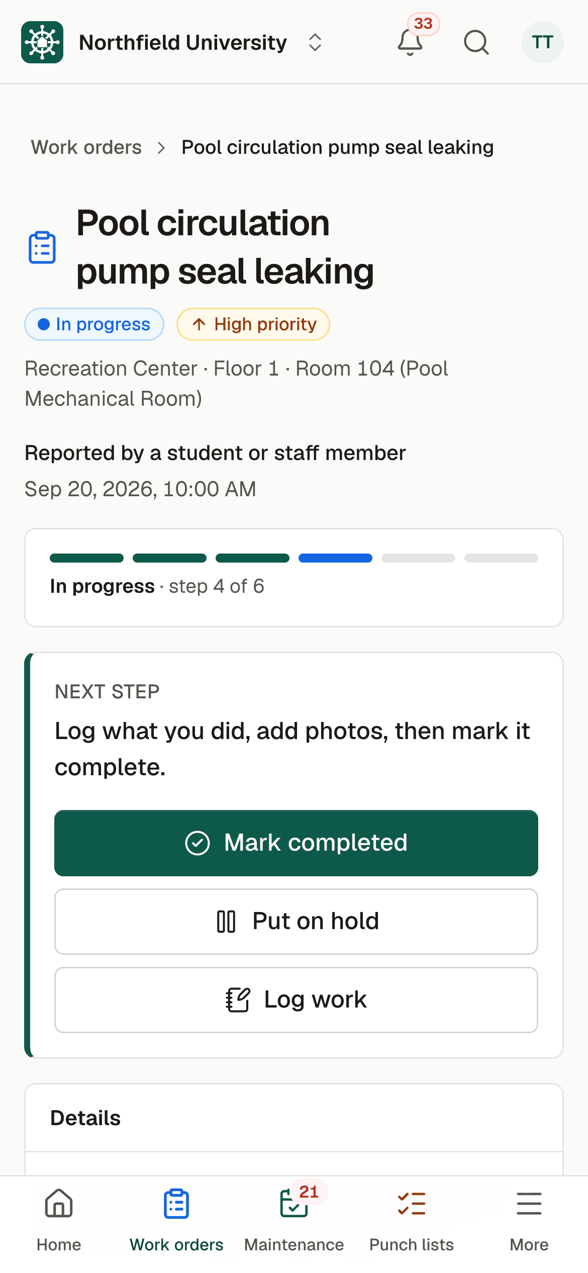 A work order on a phone with large Mark completed, Put on hold and Log work buttons.